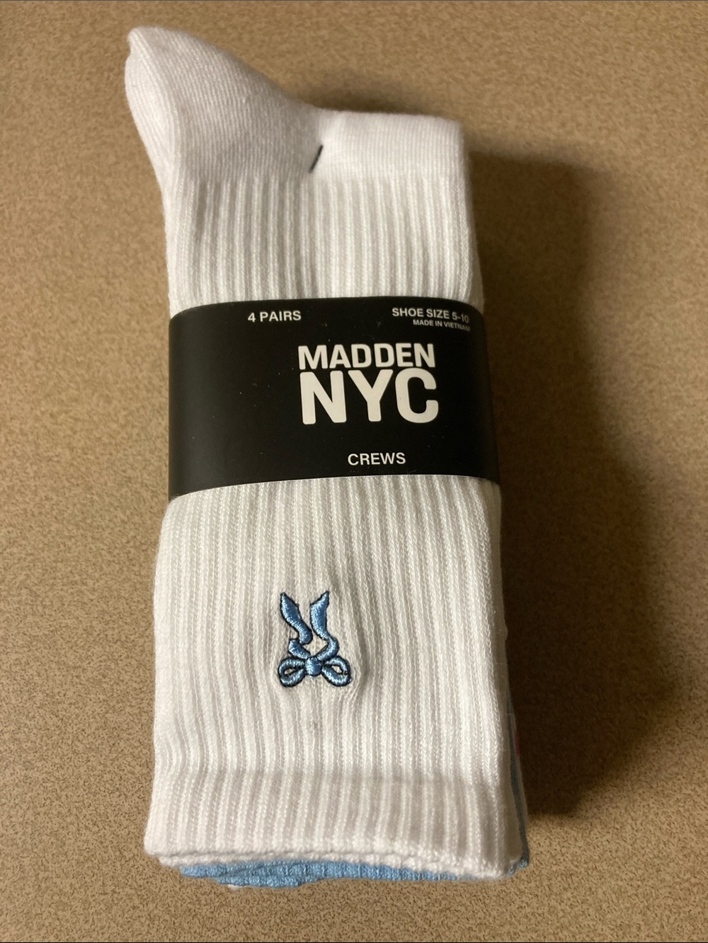 Madden NYC White Crew Socks with Light Blue Embroidered Detail - 4 Pack